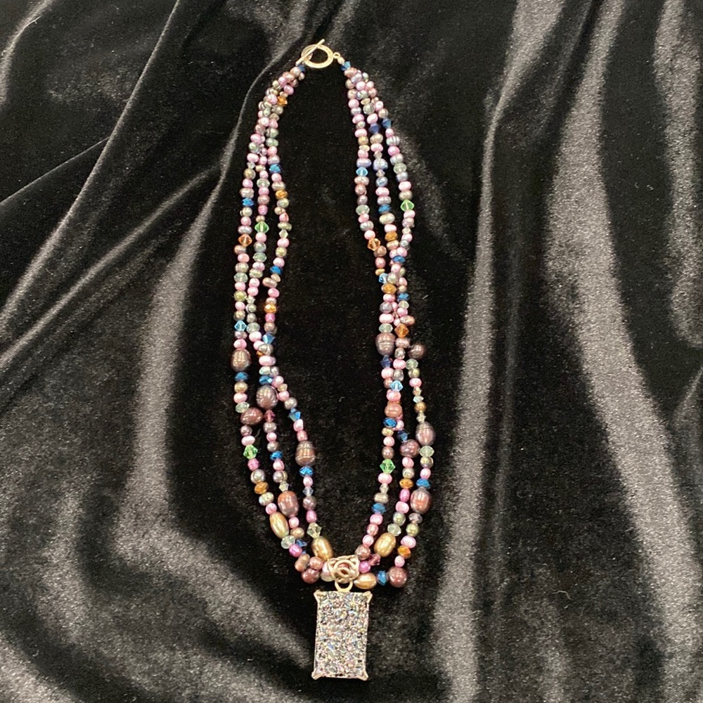 Gorgeous Multi-color Pearl Purple, Pink, Gold Swarovski Crystal, Drusy Necklace